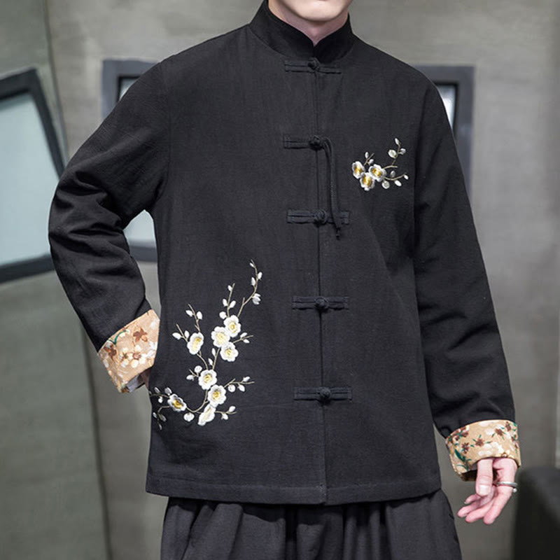 Buddha Stones Plum Blossom Ricamo Polsino Fiore Design Rana-bottoni Tang Suit Cotone Lino Giacca Camicia Uomo  - image 5