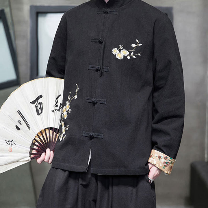 Buddha Stones Plum Blossom Ricamo Polsino Fiore Design Rana-bottoni Tang Suit Cotone Lino Giacca Camicia Uomo