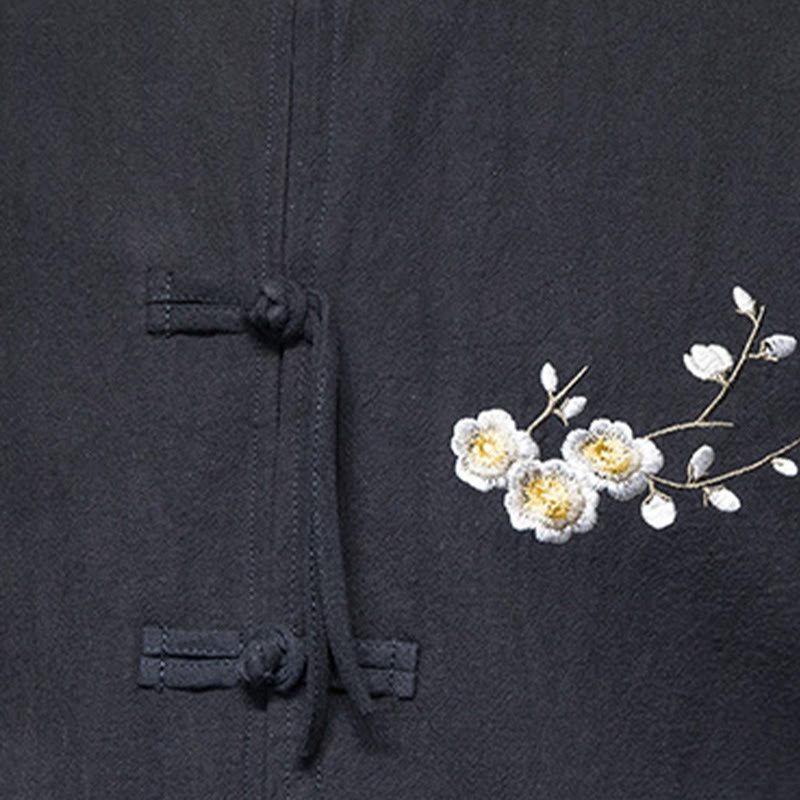 Buddha Stones Plum Blossom Ricamo Polsino Fiore Design Rana-bottoni Tang Suit Cotone Lino Giacca Camicia Uomo