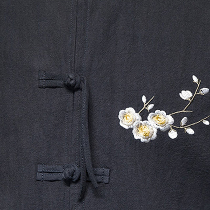 Buddha Stones Plum Blossom Ricamo Polsino Fiore Design Rana-bottoni Tang Suit Cotone Lino Giacca Camicia Uomo