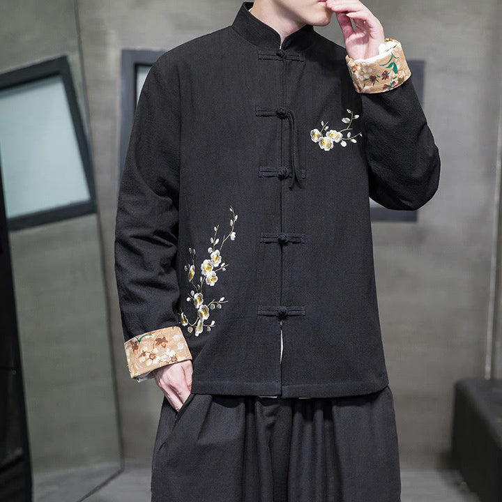 Buddha Stones Plum Blossom Ricamo Polsino Fiore Design Rana-bottoni Tang Suit Cotone Lino Giacca Camicia Uomo