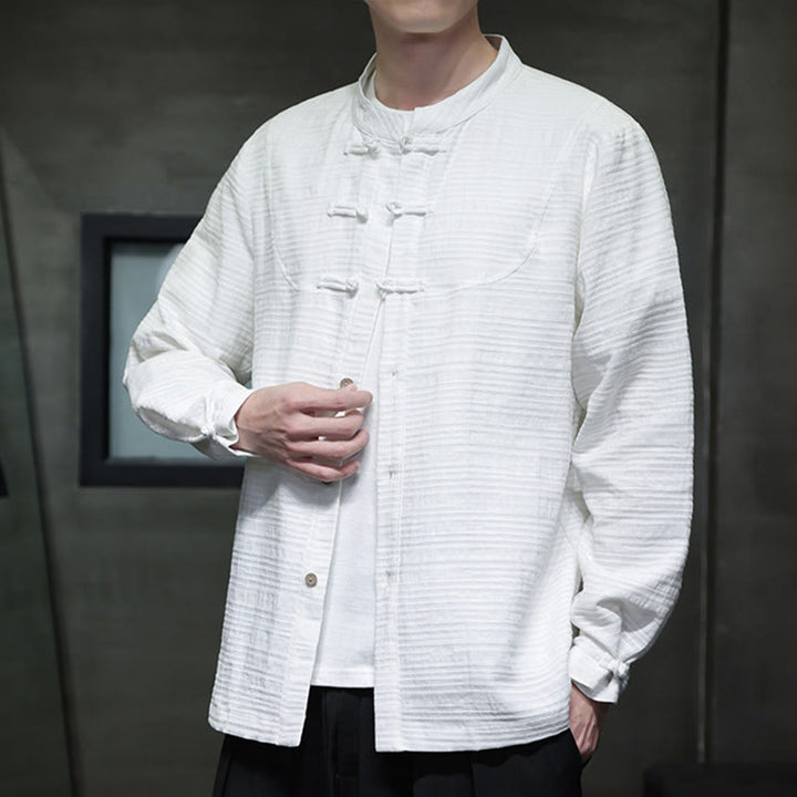 Giacca da uomo in cotone e lino con bottoni a mezza rana, tinta unita , Buddha Stones  - Bianco - US/UK/AU46, EU56 (5XL) - image 8