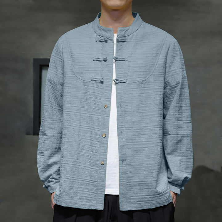 Giacca da uomo in cotone e lino con bottoni a mezza rana, tinta unita , Buddha Stones  - image 1