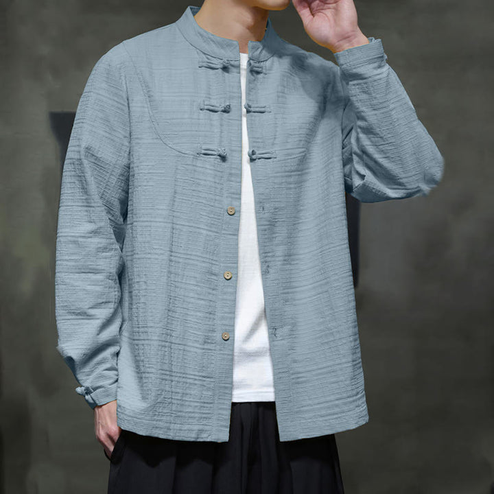 Giacca da uomo in cotone e lino con bottoni a mezza rana, tinta unita , Buddha Stones  - image 2