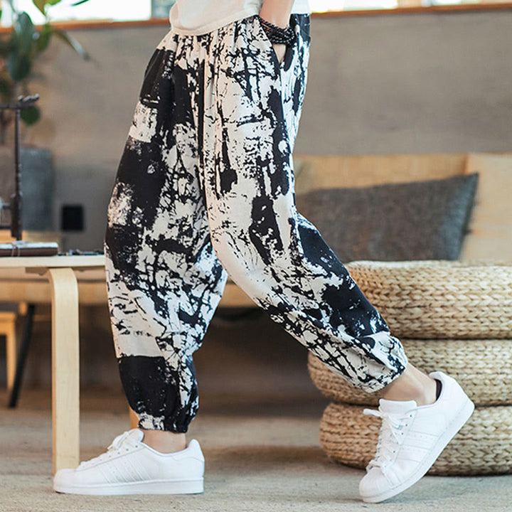 Pantaloni harem da uomo in cotone e lino con coulisse, con tasche, motivo Buddha Stones, inchiostro bianco e nero