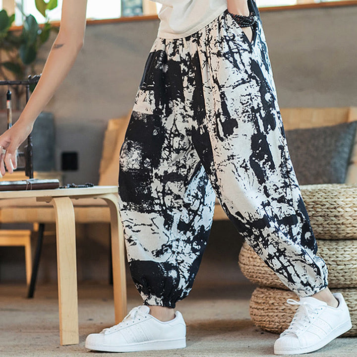 Pantaloni harem da uomo in cotone e lino con coulisse, con tasche, motivo Buddha Stones, inchiostro bianco e nero