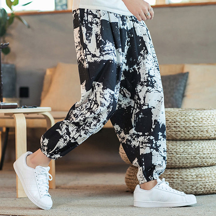 Pantaloni harem da uomo in cotone e lino con coulisse, con tasche, motivo Buddha Stones, inchiostro bianco e nero