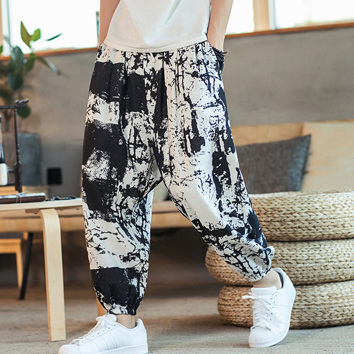 Pantaloni harem da uomo in cotone e lino con coulisse, con tasche, motivo Buddha Stones, inchiostro bianco e nero