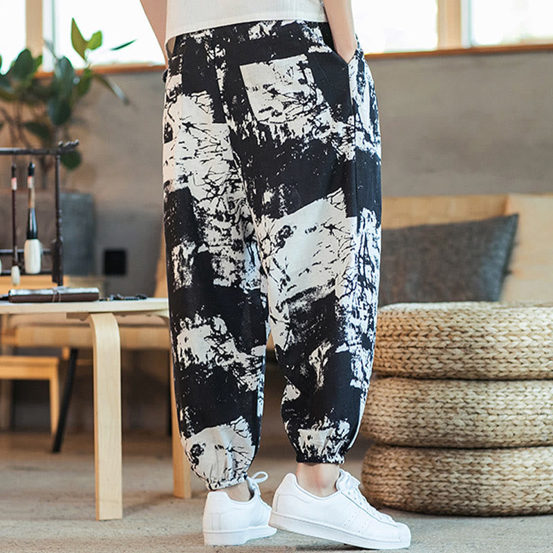 Pantaloni harem da uomo in cotone e lino con coulisse, con tasche, motivo Buddha Stones, inchiostro bianco e nero - image 4