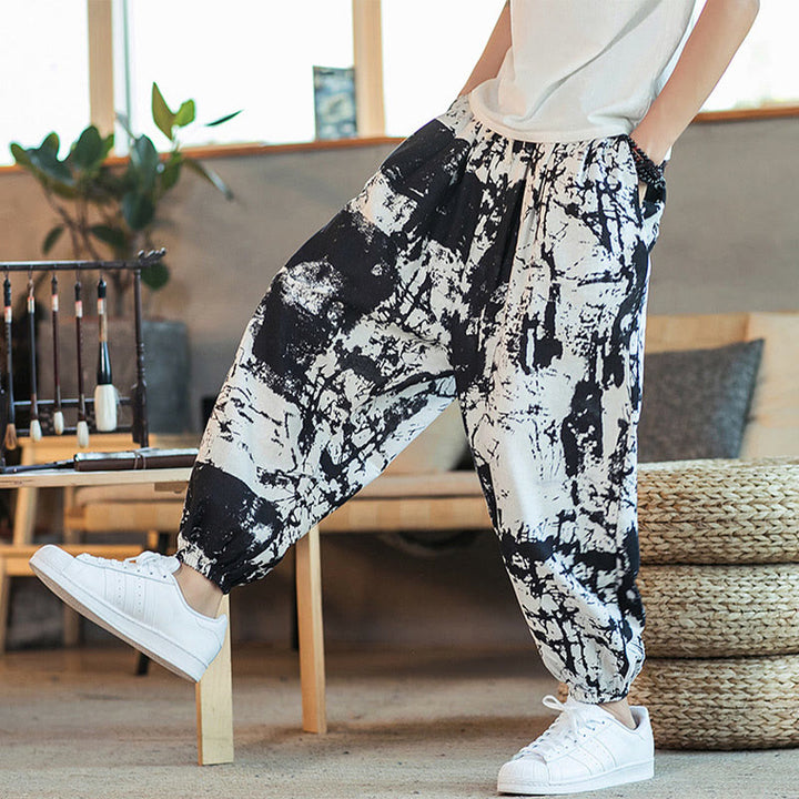 Pantaloni harem da uomo in cotone e lino con coulisse, con tasche, motivo Buddha Stones, inchiostro bianco e nero