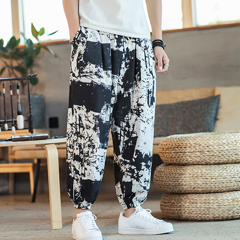 Pantaloni harem da uomo in cotone e lino con coulisse, con tasche, motivo Buddha Stones, inchiostro bianco e nero