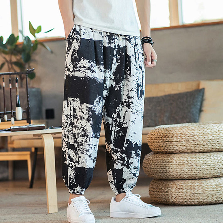 Pantaloni harem da uomo in cotone e lino con coulisse, con tasche, motivo Buddha Stones, inchiostro bianco e nero