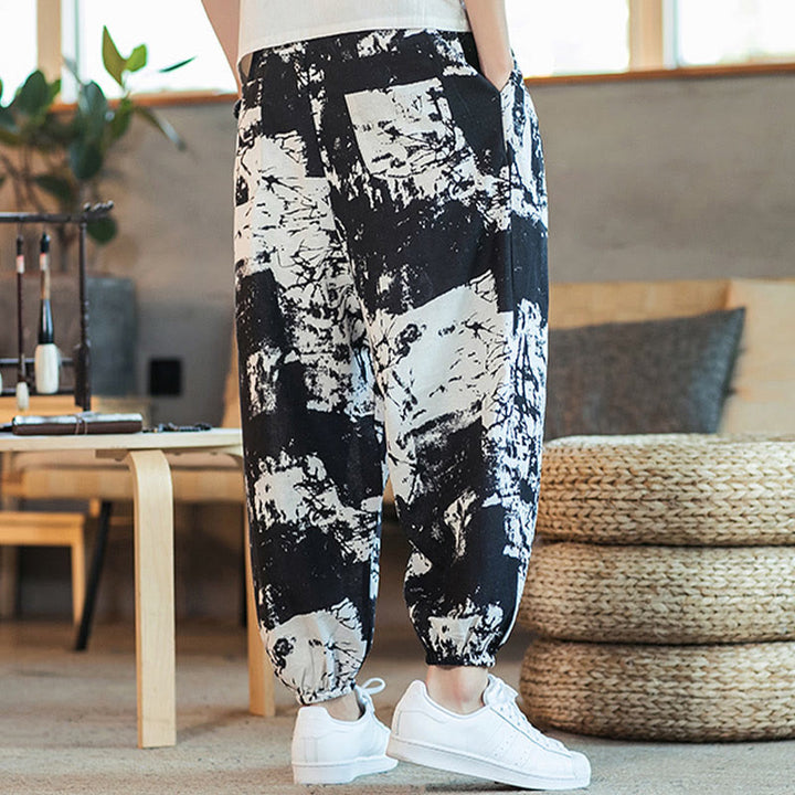 Pantaloni harem da uomo in cotone e lino con coulisse, con tasche, motivo Buddha Stones, inchiostro bianco e nero