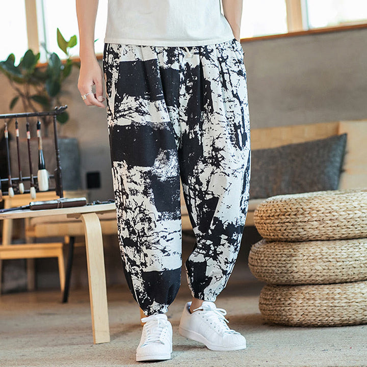 Pantaloni harem da uomo in cotone e lino con coulisse, con tasche, motivo Buddha Stones, inchiostro bianco e nero