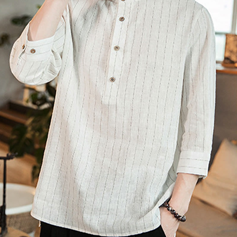 Camicia da uomo in lino con maniche a tre quarti e bottoni a righe Buddha Stones