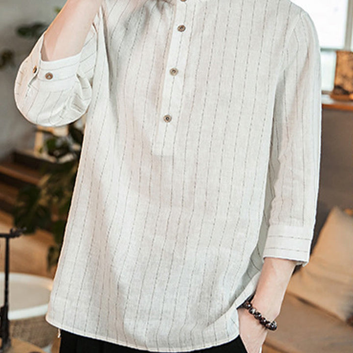 Camicia da uomo in lino con maniche a tre quarti e bottoni a righe Buddha Stones