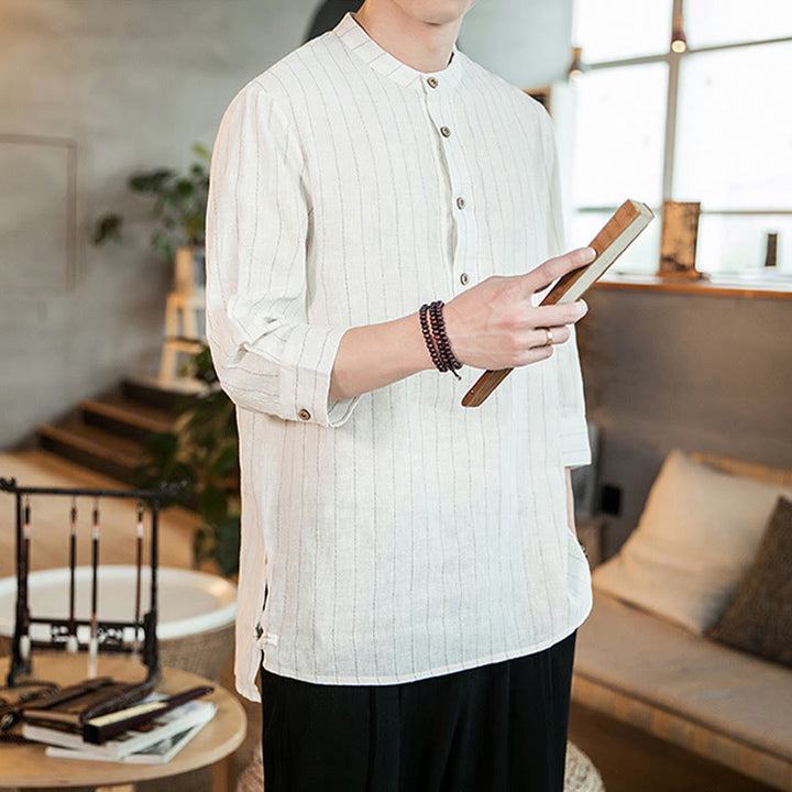 Camicia da uomo in lino con maniche a tre quarti e bottoni a righe Buddha Stones