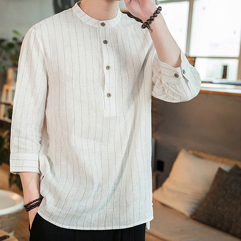 Camicia da uomo in lino con maniche a tre quarti e bottoni a righe Buddha Stones