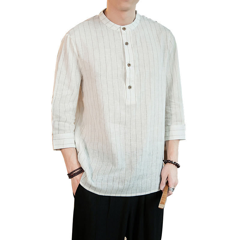 Camicia da uomo in lino con maniche a tre quarti e bottoni a righe Buddha Stones
