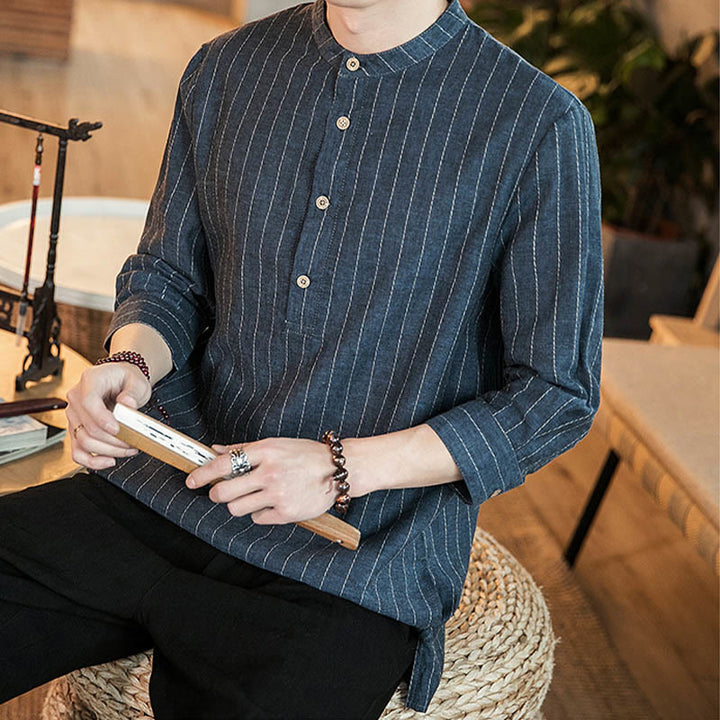 Camicia da uomo in lino con maniche a tre quarti e bottoni a righe Buddha Stones