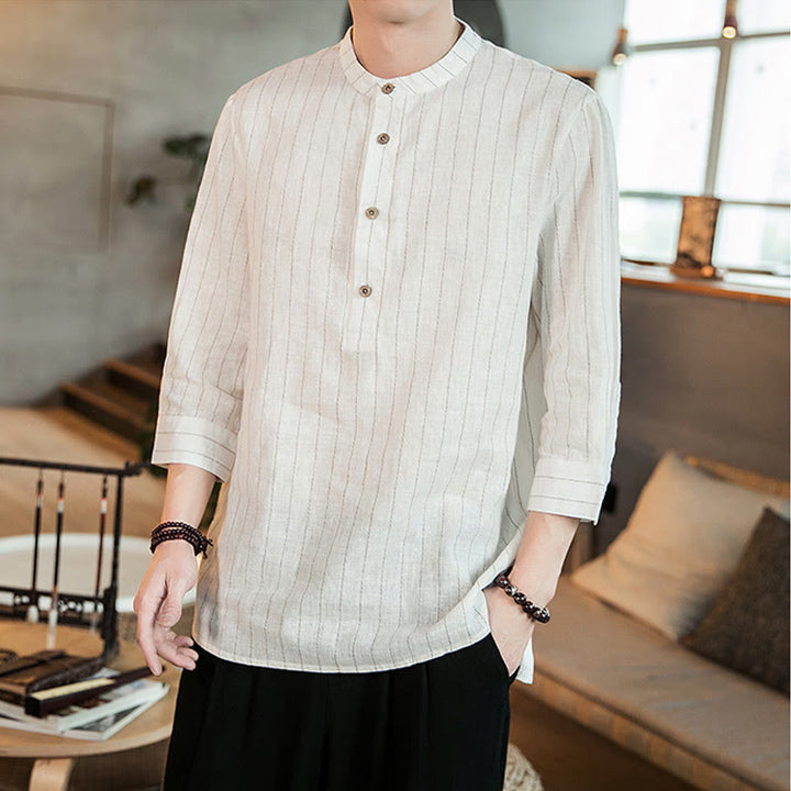 Camicia da uomo in lino con maniche a tre quarti e bottoni a righe Buddha Stones