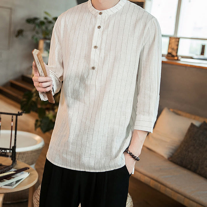 Camicia da uomo in lino con maniche a tre quarti e bottoni a righe Buddha Stones