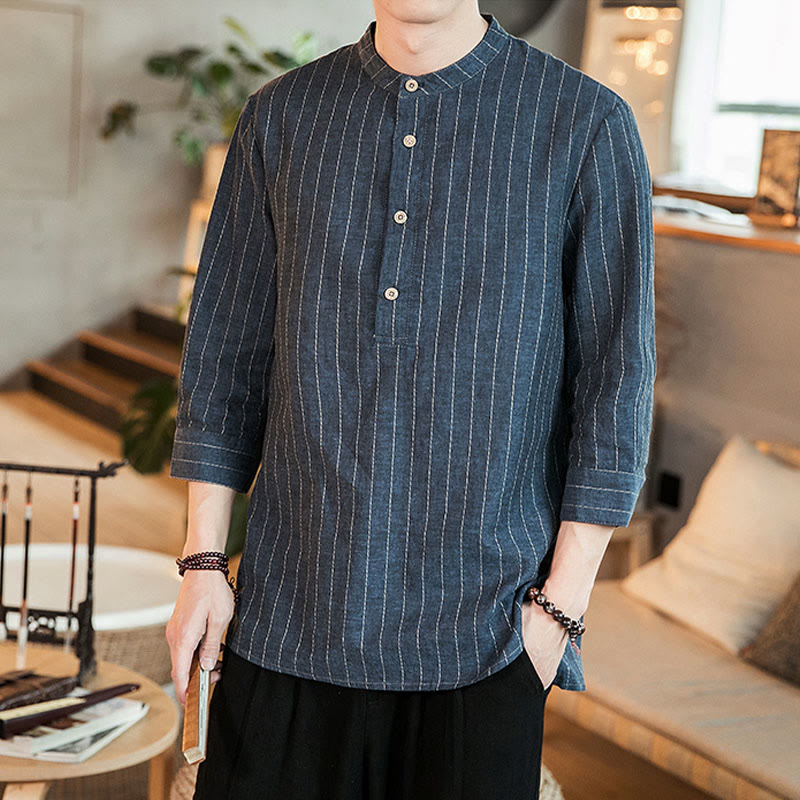 Camicia da uomo in lino con maniche a tre quarti e bottoni a righe Buddha Stones - Blu scuro - US/UK/AU46, EU56 (5XL) - image 0