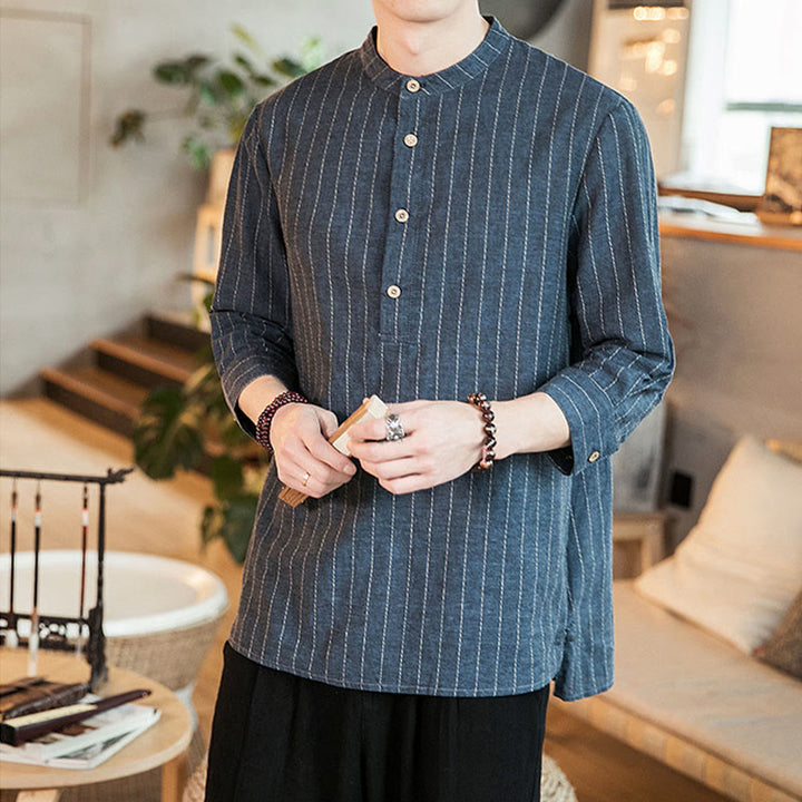 Camicia da uomo in lino con maniche a tre quarti e bottoni a righe Buddha Stones