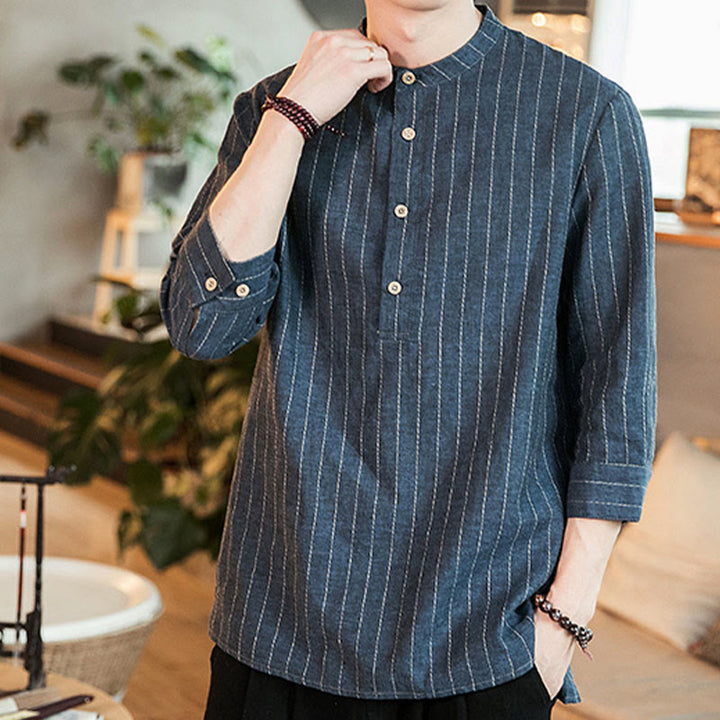 Camicia da uomo in lino con maniche a tre quarti e bottoni a righe Buddha Stones