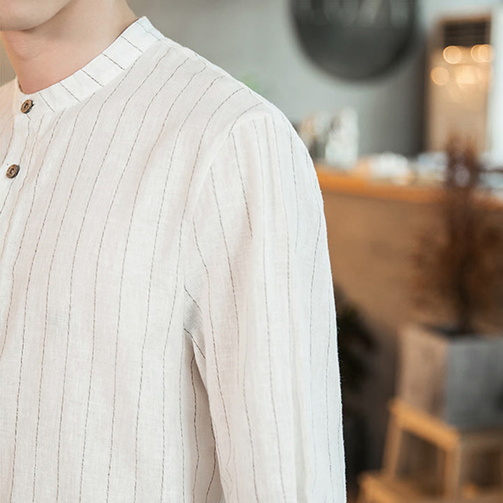 Camicia da uomo in lino con maniche a tre quarti e bottoni a righe Buddha Stones