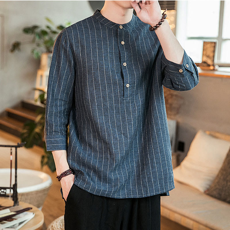 Camicia da uomo in lino con maniche a tre quarti e bottoni a righe Buddha Stones