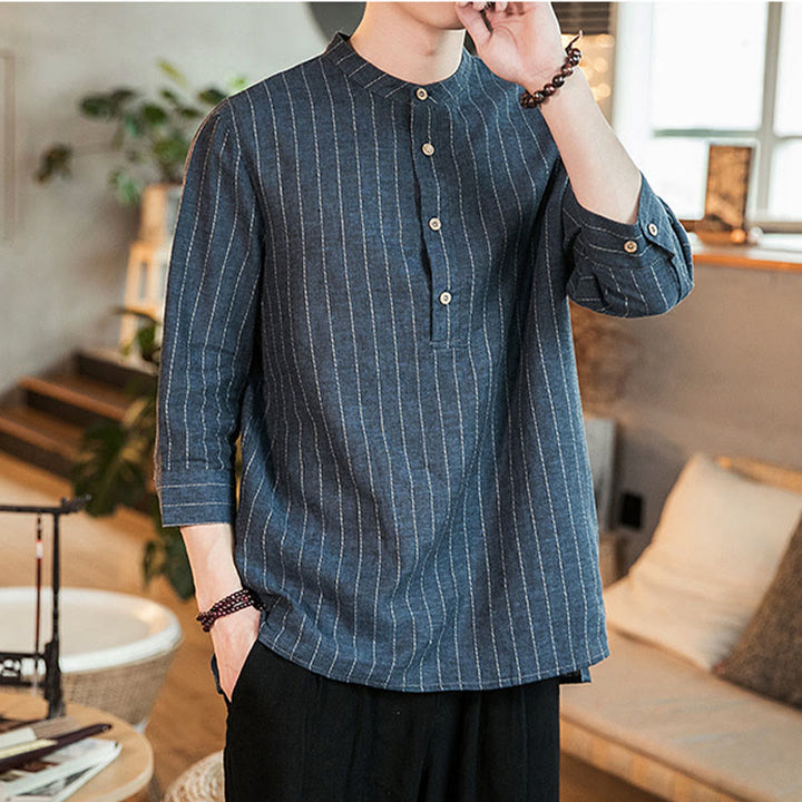 Camicia da uomo in lino con maniche a tre quarti e bottoni a righe Buddha Stones
