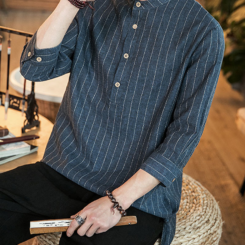 Camicia da uomo in lino con maniche a tre quarti e bottoni a righe Buddha Stones