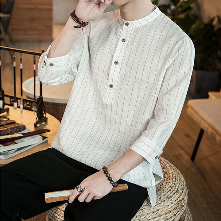 Camicia da uomo in lino con maniche a tre quarti e bottoni a righe Buddha Stones