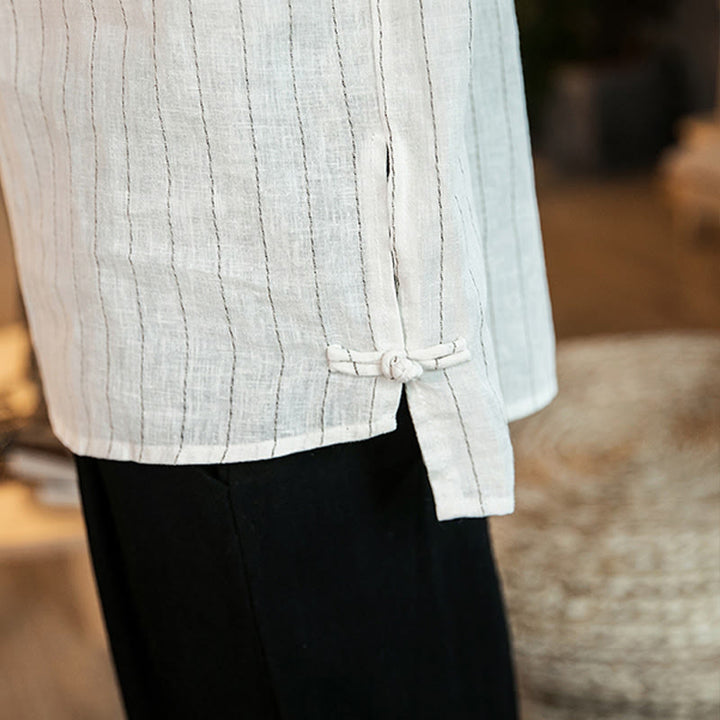 Camicia da uomo in lino con maniche a tre quarti e bottoni a righe Buddha Stones