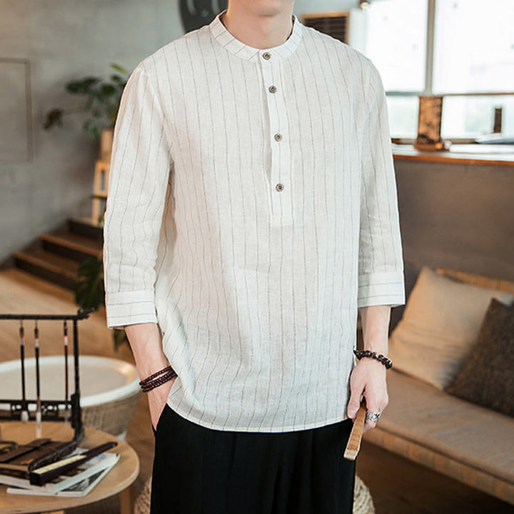 Camicia da uomo in lino con maniche a tre quarti e bottoni a righe Buddha Stones