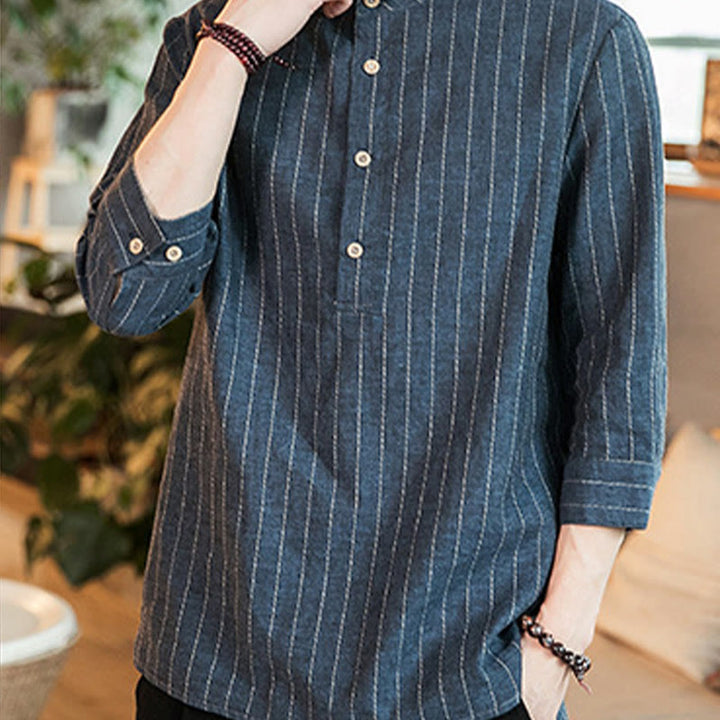 Camicia da uomo in lino con maniche a tre quarti e bottoni a righe Buddha Stones