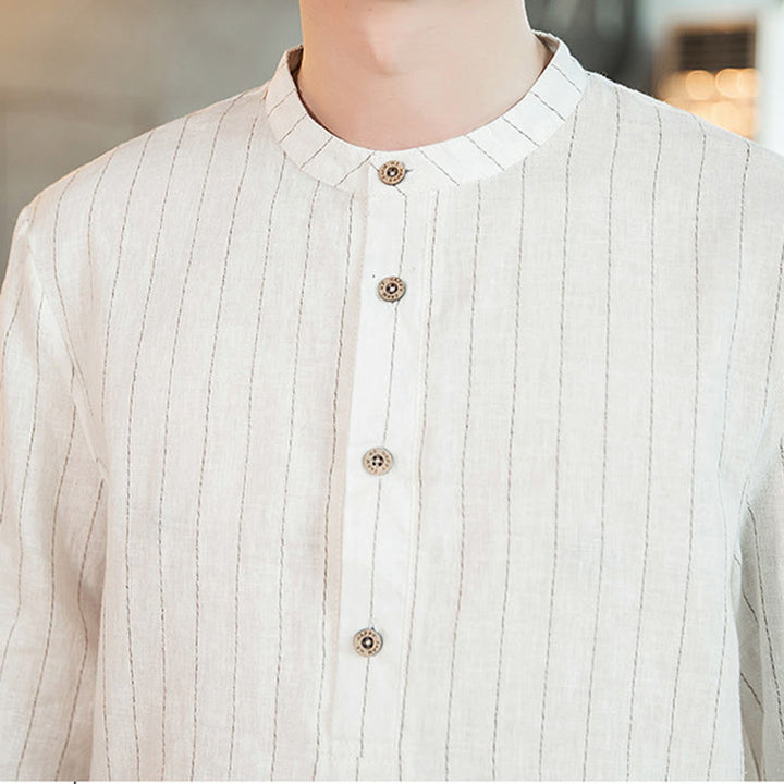 Camicia da uomo in lino con maniche a tre quarti e bottoni a righe Buddha Stones