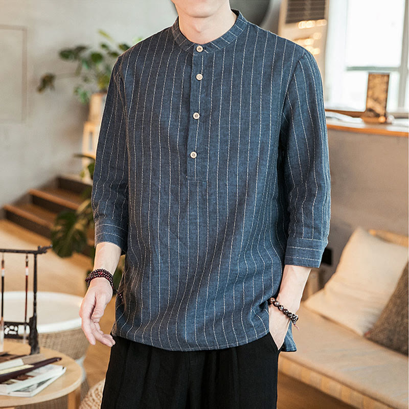 Camicia da uomo in lino con maniche a tre quarti e bottoni a righe Buddha Stones