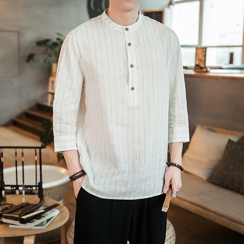 Camicia da uomo in lino con maniche a tre quarti e bottoni a righe Buddha Stones