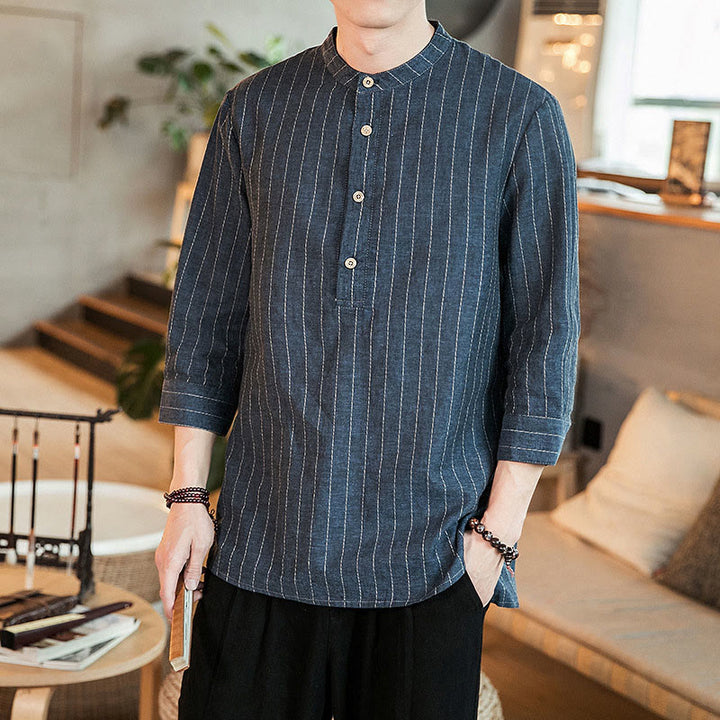 Camicia da uomo in lino con maniche a tre quarti e bottoni a righe Buddha Stones