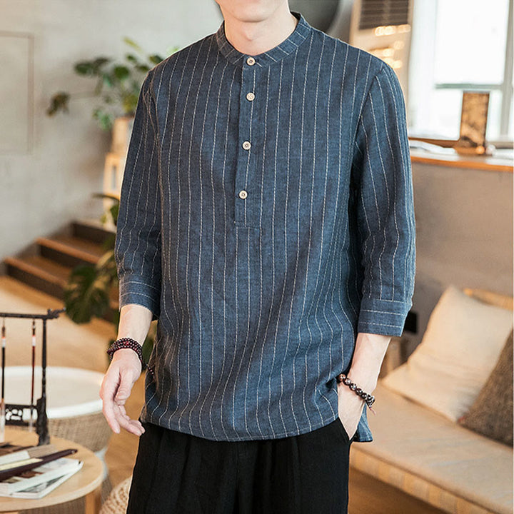 Camicia da uomo in lino con maniche a tre quarti e bottoni a righe Buddha Stones - image 7