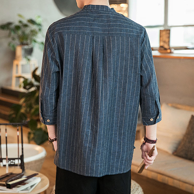 Camicia da uomo in lino con maniche a tre quarti e bottoni a righe Buddha Stones