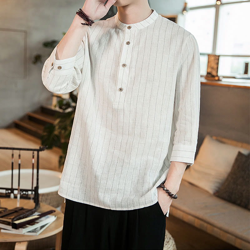 Camicia da uomo in lino con maniche a tre quarti e bottoni a righe Buddha Stones