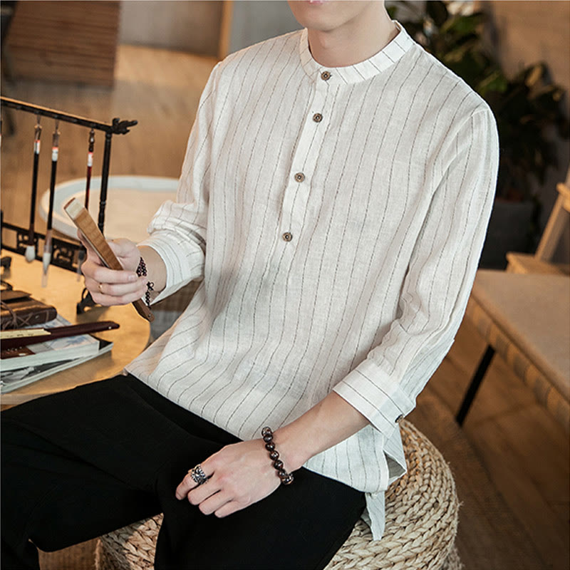 Camicia da uomo in lino con maniche a tre quarti e bottoni a righe Buddha Stones