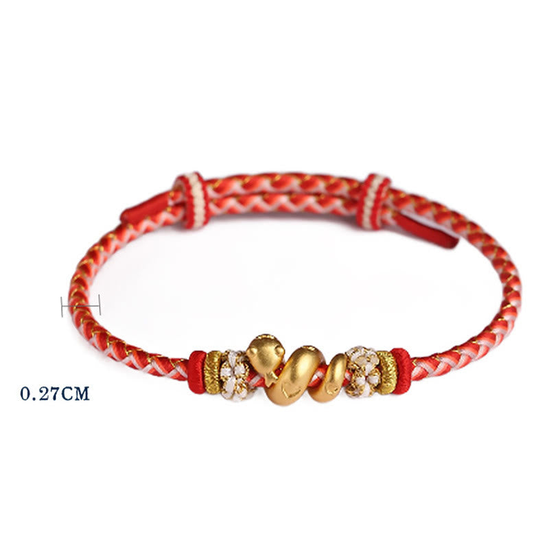 Braccialetto intrecciato con corda rossa sfumata in argento sterling 999 Buddha Stones, anno del serpente, fortuna
