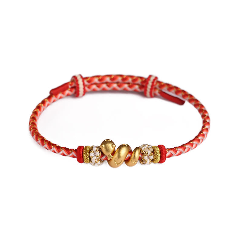 Braccialetto intrecciato con corda rossa sfumata in argento sterling 999 Buddha Stones, anno del serpente, fortuna