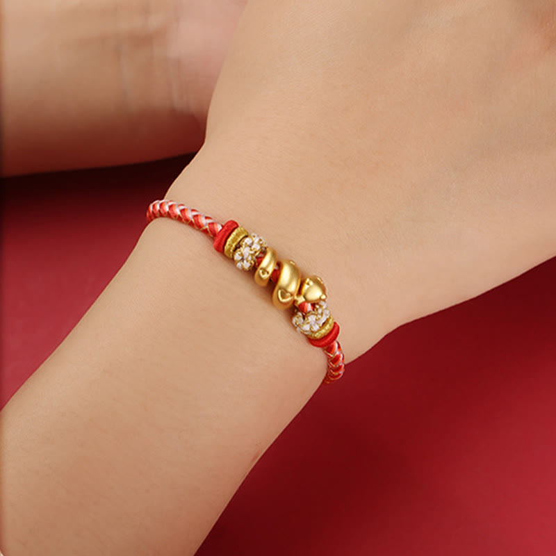 Braccialetto intrecciato con corda rossa sfumata in argento sterling 999 Buddha Stones, anno del serpente, fortuna