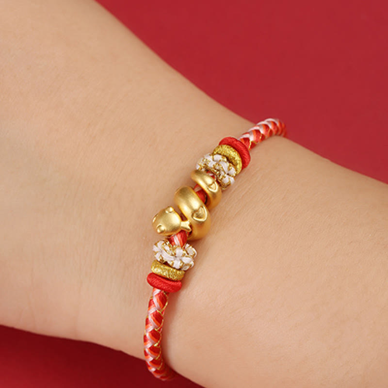 Braccialetto intrecciato con corda rossa sfumata in argento sterling 999 Buddha Stones, anno del serpente, fortuna