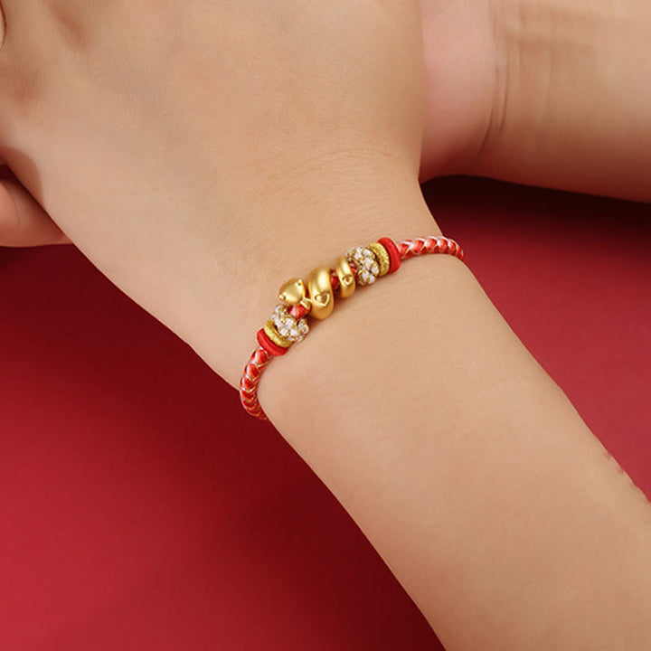 Braccialetto intrecciato con corda rossa sfumata in argento sterling 999 Buddha Stones, anno del serpente, fortuna